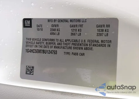 2011 Buick Lucerne Cxl z USA, uszkodzony, nr VIN 1G4HC5EM7BU124793